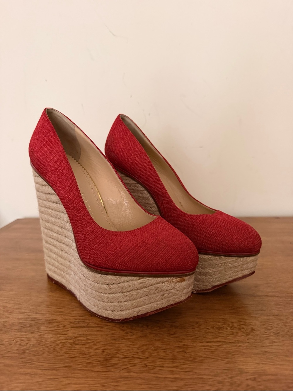 Charlotte Olympia Red Espadrille Platform Wedge Pumps